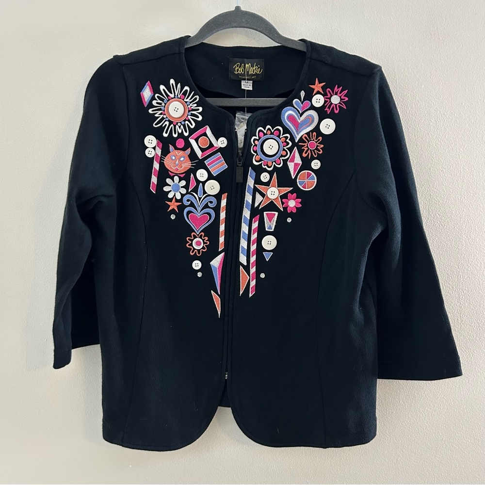 Bob Mackie Full Zip Sweater Cardigan Embroidered Cats Black M Grandma Core NWT